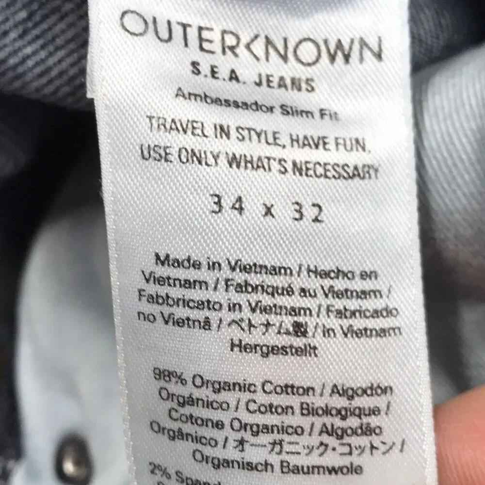 OUTERKNOWN Ambassador Jean Men 36x32 (34/32 tag) Slim Fit Whiskered Stretch SEA
